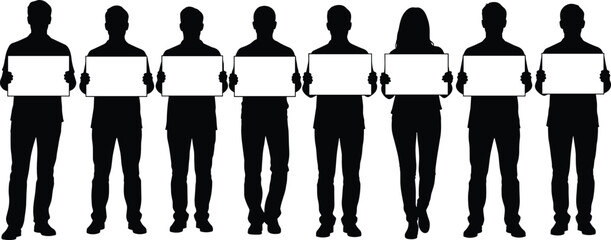 Silhouettes of diverse men and women holding blank signs, protest demonstration, social message