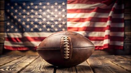 Vintage American Football on Rustic Wood with Patriotically Blurred Flag Background