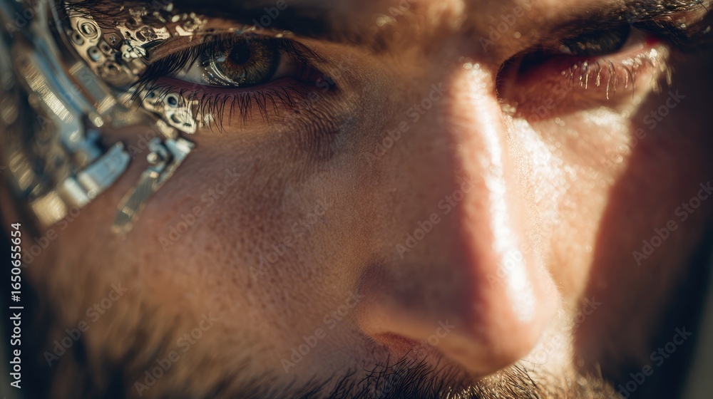 Poster a close-up of a man's intense eyes with futuristic enhancements, creating a sense of intrigue and te