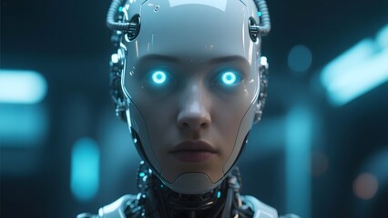 A humanoid robot with glowing blue eyes in a futuristic setting