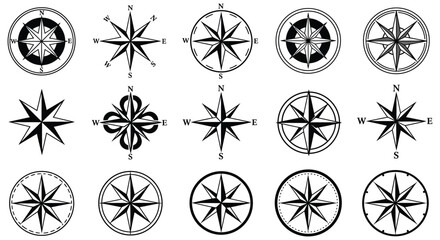 Collection of various black and white compass rose navigation symbols