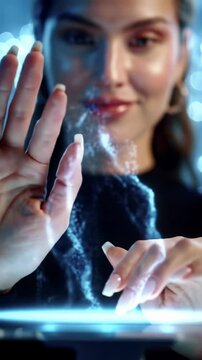 Close-up POV of gender-neutral hands interacting with a glowing holographic tablet, pulling luminescent data upwards, a confident smile forming, soft blue-white screen glow on the face, elegant bokeh
