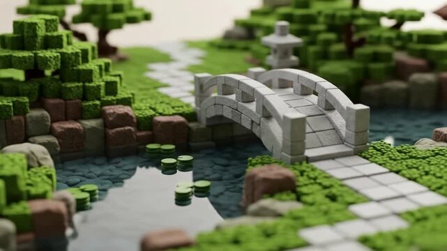 Miniature stone bridge over pond in lush garden setting
