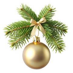 Golden Christmas Ornament with Fir Branches and Bow on transparent background