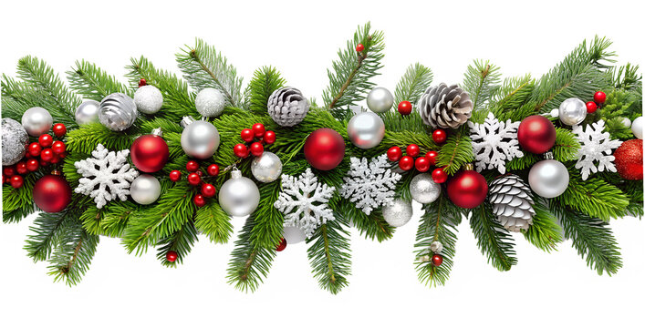 Festive Christmas Garland with Ornaments and Berries on transparent background festive garland decorated