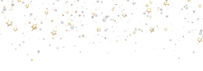 Festive background with gold and silver stars and snowflakes. Perfect for holidays.