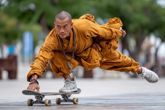 Skateboarding monk demonstrates balance and skill in urban environment during sunny day