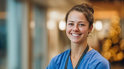 A cheerful healthcare worker smiles confidently. A portrait of a friendly medical professional with a warm expression