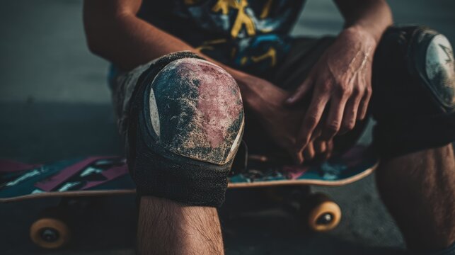 a Skateboarder wearing safety pads is sitting on skateboard