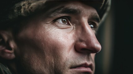 Obraz premium A portrait of a man gazing thoughtfully, with a cap and a focused expression, capturing a moment of introspection