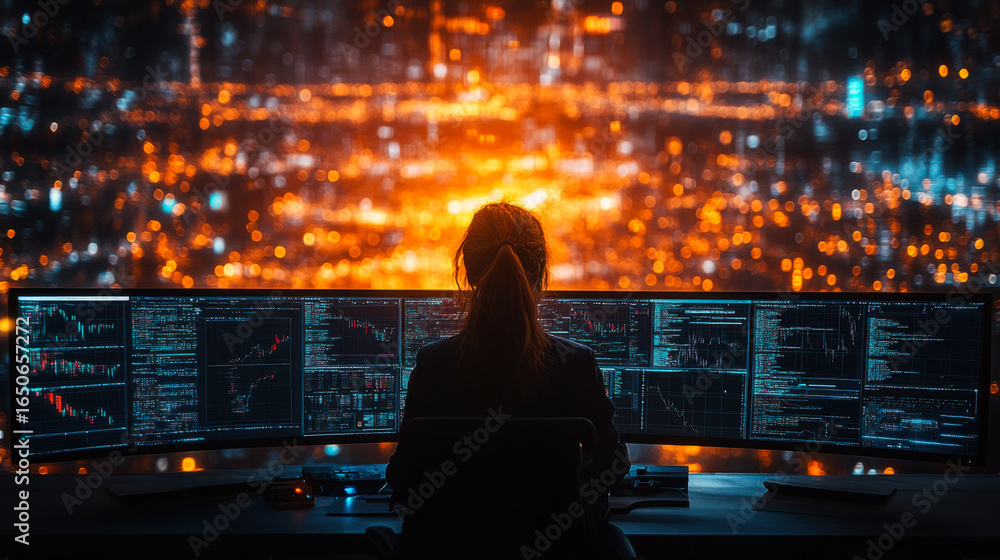 Poster person working at a computer desk surrounded by multiple monitors displaying vibrant data visualizat