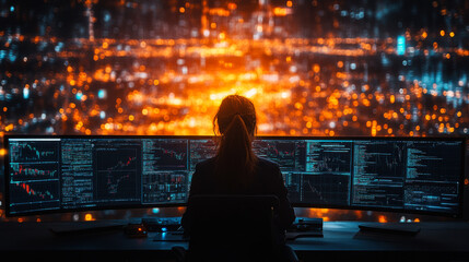 Person working at a computer desk surrounded by multiple monitors displaying vibrant data visualizations in a dimly lit room