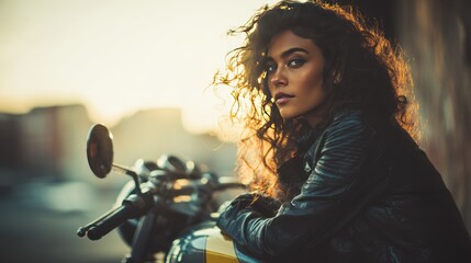 A stylish woman leans against a motorcycle, exuding confidence and a rebellious spirit. The golden sunlight of the day gently illuminates her features, adding a touch of warmth and allure.