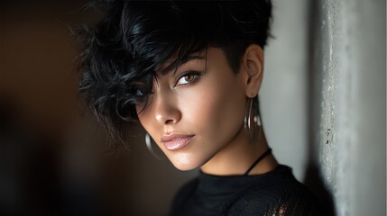 a beautiful woman with a short hairstyle is leaning against a wall, gazing directly at the camera
