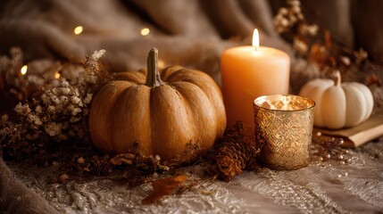 Elegant Autumn Pumpkin Arrangement with Soft Lighting and Seasonal Props for Cozy Decor and Celebrations