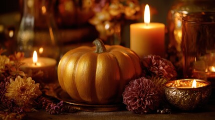 Elegant Golden Pumpkin Arrangement with Seasonal Props, Candles, and Blooms for Autumn and Harvest Celebrations