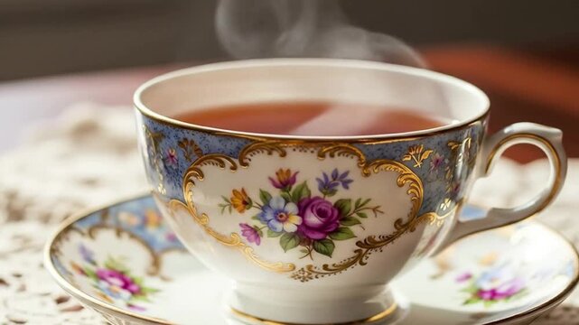Elegant cup of tea on lace doily with visible steam rising up.