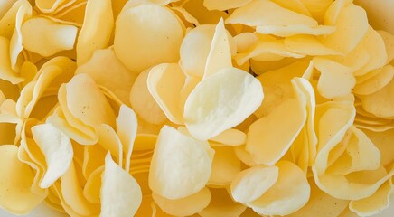 A close up view of many scattered rose petals in shades of pale yellow and white filling the frame