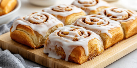 Freshly baked cinnamon rolls with icing are arranged on a wooden board. Warm baked goods with icing