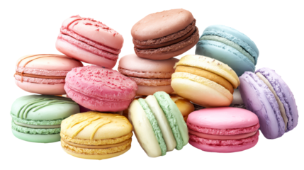 Assortment of colorful french macarons piled together on a white background