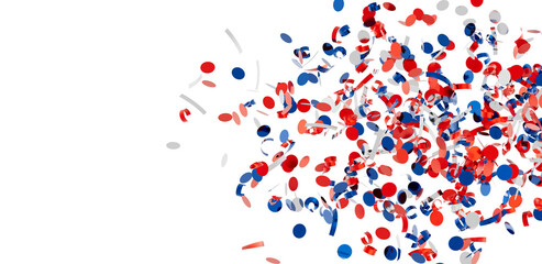 Festive red, white, and blue confetti falling. Perfect for patriotic holidays or celebrations.