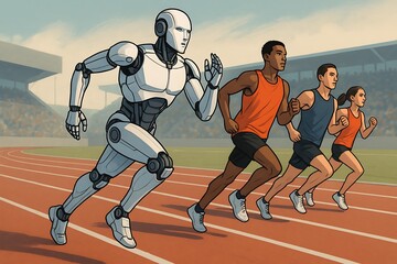 Naklejka premium Android athlete racing, futuristic AI humanoid competing in sports