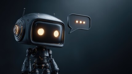 futuristic robot concept, communicating and ready to serve. The image highlights an advanced technology concept and the communication bubble above the robot suggests a AI interaction.