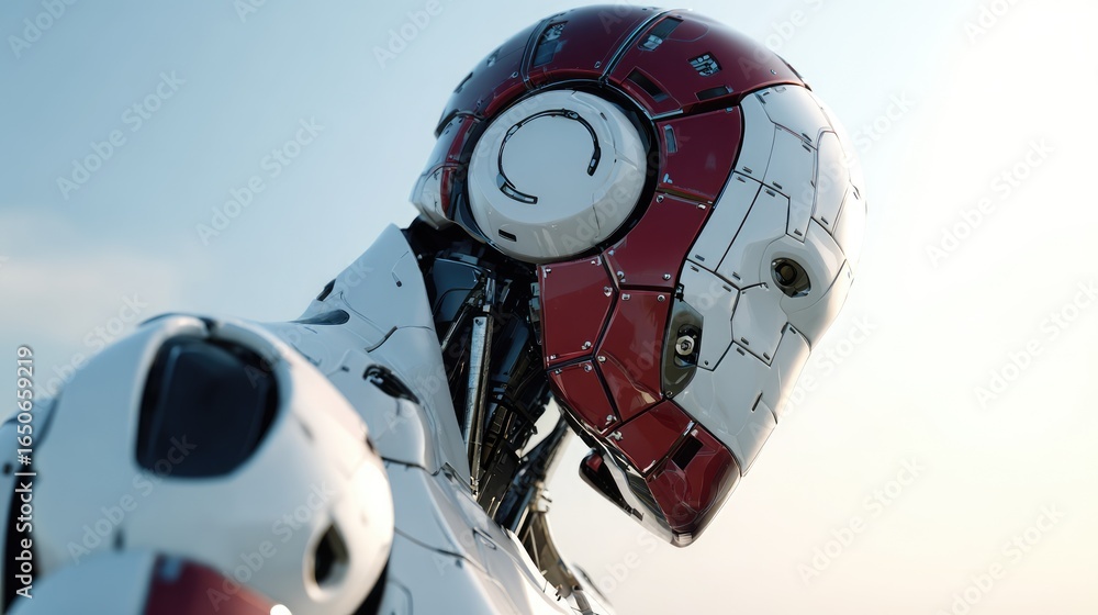 Poster a close-up of a humanoid robot with a detailed metallic design, the robot appears advanced and futur