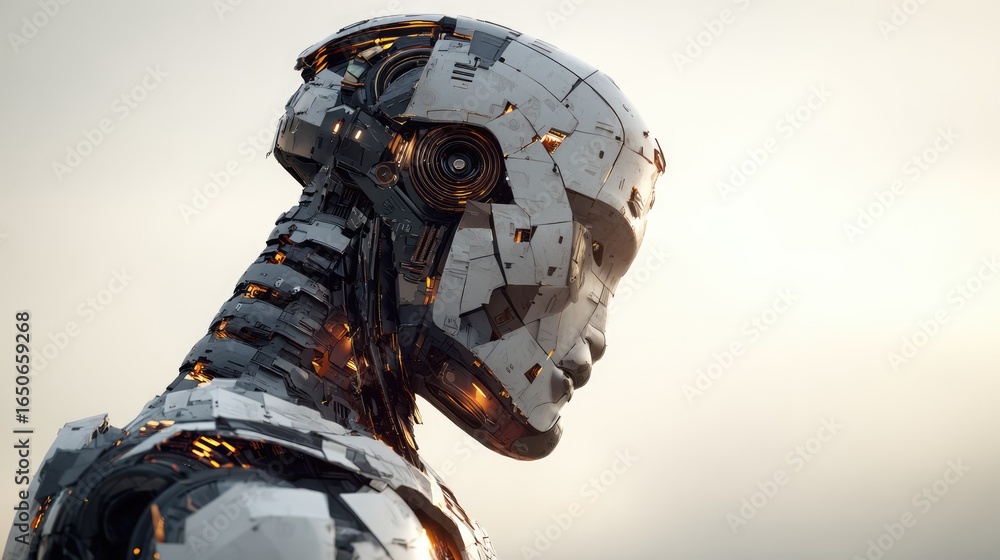 Poster a futuristic cyborg looking towards the horizon, detailed rendering of a robot face and metal struct