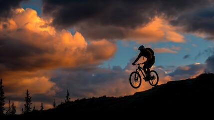 Obraz premium Silhouetted Mountain Biker in Sunset with Dramatic Cloud Formation