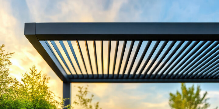 A modern slatted pergola is shown against a vibrant sunset sky with surrounding greenery. Outdoor architecture and nature harmony