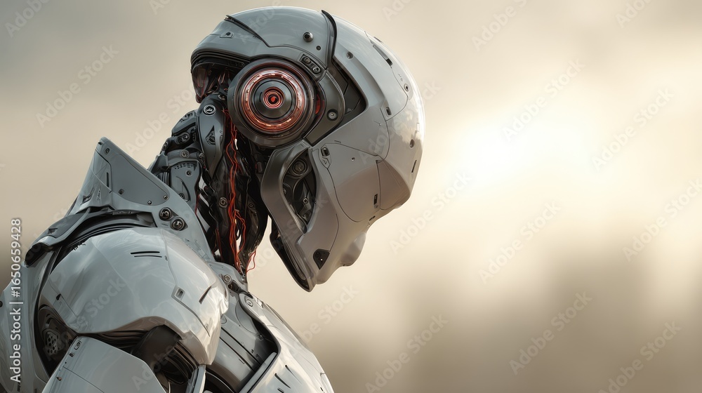 Poster a futuristic robot design in a thoughtful pose against a blurry background. the robot has a metallic
