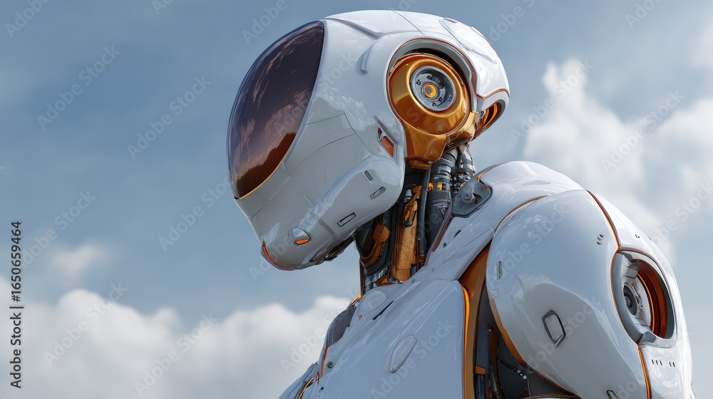 Poster futuristic robot head with sleek white and golden design, set against the backdrop of a partly cloud