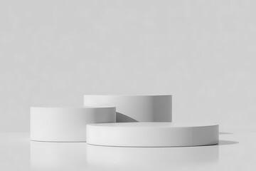 Minimalist white podiums arranged for product display, clean studio background with soft lighting