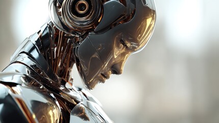 A modern chrome-plated robot exhibits human like emotion while reflecting on its advanced technological existence