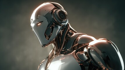 Fototapeta premium a futuristic chrome robot with glowing eyes and a determined expression, set against a dim, atmospheric background