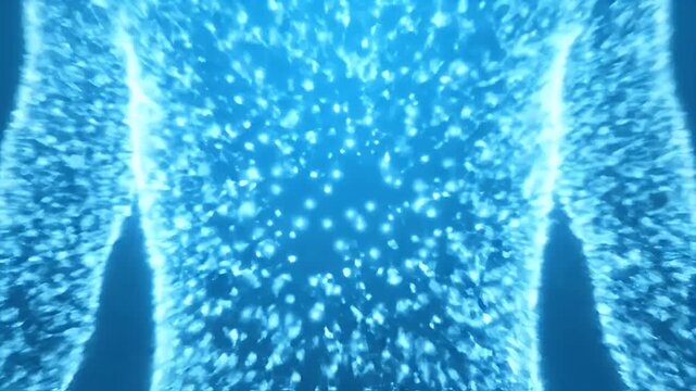 Minimal animation of a glowing water droplet splitting into micro-particles and dispersing through a body silhouette, quick hydration effect