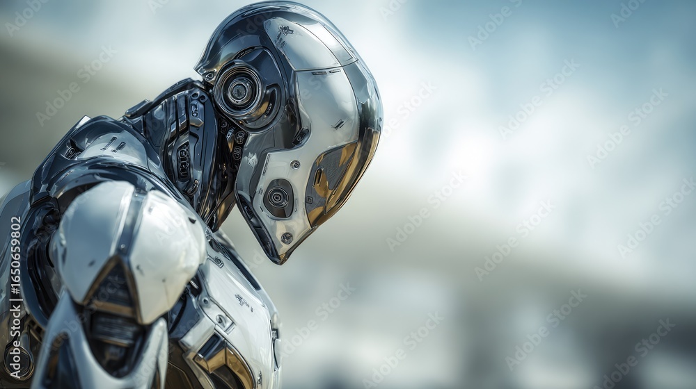 Poster futuristic-looking robot posing, with metallic details reflecting the surrounding light, creating a 