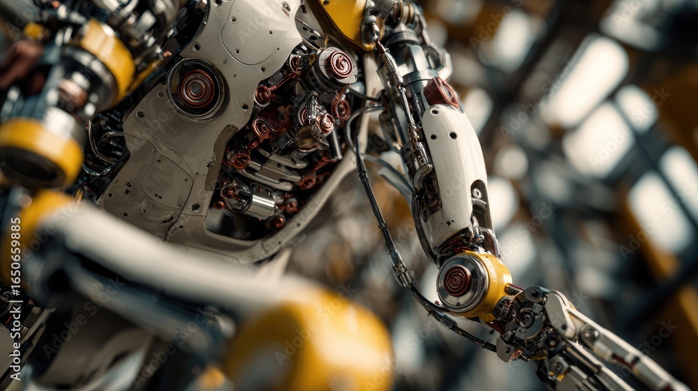 Poster detailed view of a futuristic robot in a metallic body. it showcases advanced technology and intrica