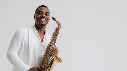 Fototapeta premium Jazz Musician with Saxophone: A smiling Black musician poses confidently, holding a gleaming saxophone, radiating a passion for jazz music.
