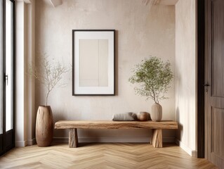 Minimalist Earthy Interior with Wooden Bench