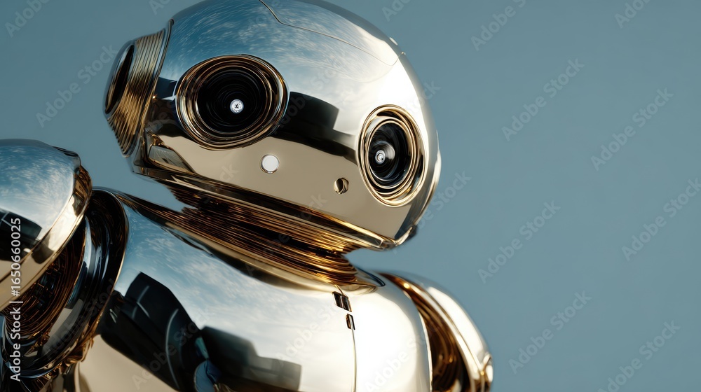 Poster a detailed close-up of a golden robot. the robot's face features two prominent optical sensors and m