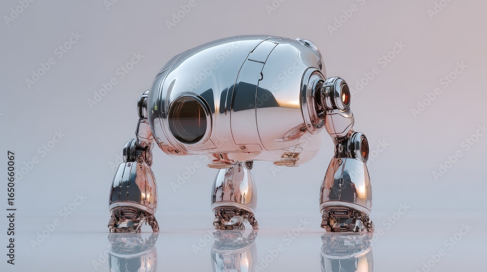 Poster a futuristic chrome robot with a unique design. the robot features a sleek, metallic body and sturdy