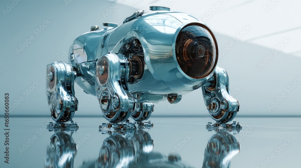 Poster a futuristic metallic robot with an advanced camera