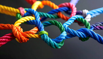 Intertwined Colorful Ropes Forming Connected Knots Against a Dark Background Representing Teamwork and Unity