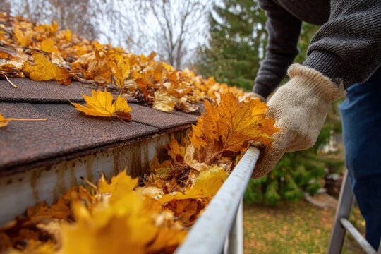 Cleaning autumn leaves from roof gutter