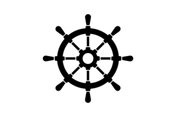 Obraz premium A detailed black silhouette of a ship's wheel with a gear at the center on white background