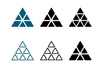 Six triangular arrangements with different geometric shapes in black and blue colors on white