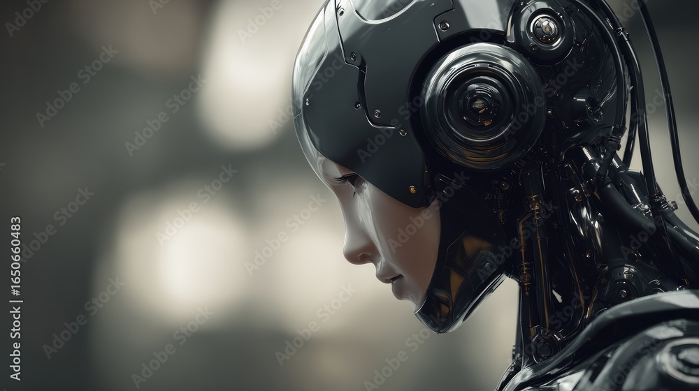 Poster a futuristic robot with a thoughtful expression. this image features a close-up of the robot's face,