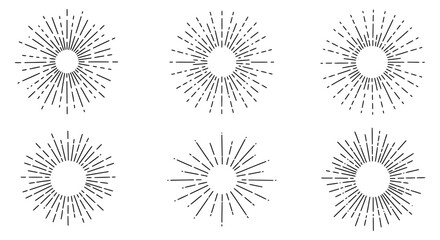 Collection of various sunburst line art designs in black and white